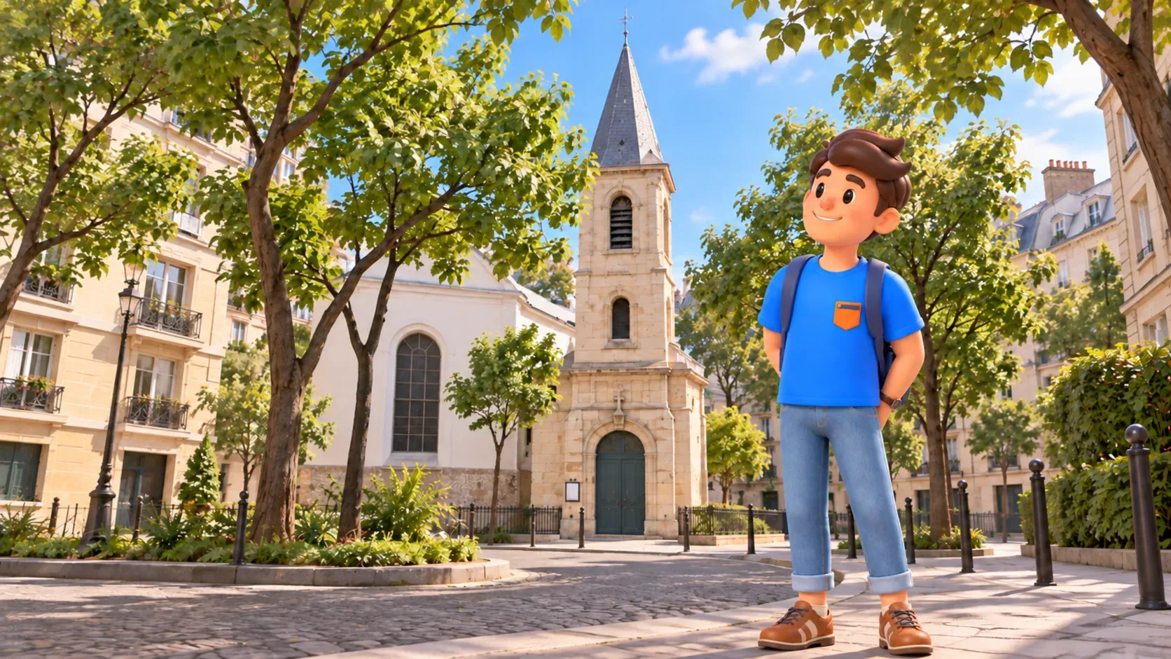 Un viajero observa el campanario de la antigua iglesia Notre-Dame-de-Grâce de Passy