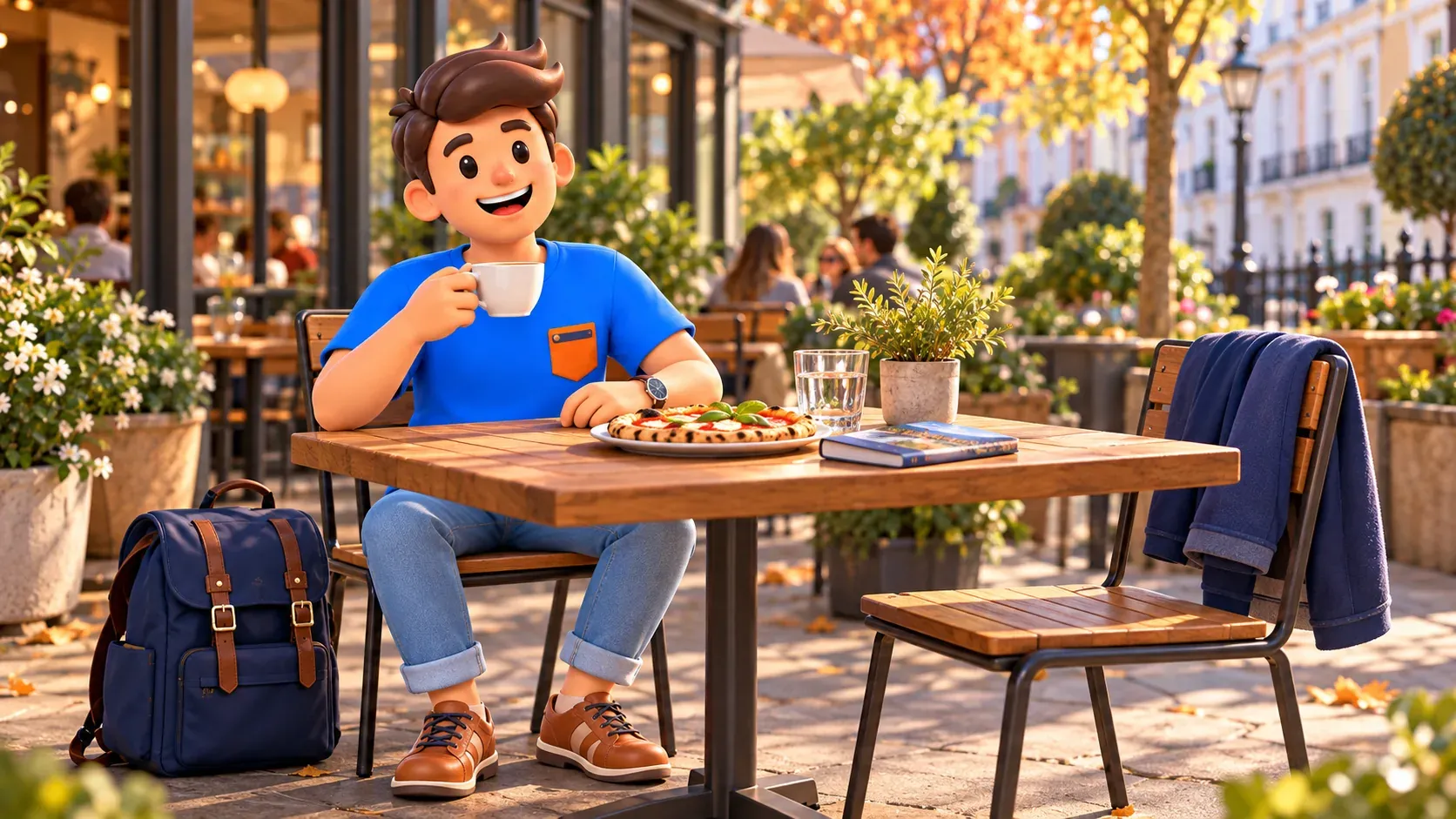 Illustration eines Reisenden mit Kaffee und Pizza auf einer Caféterrasse
