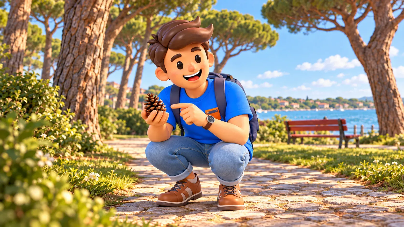 Illustration of a traveler examining a pinecone on a pine park path