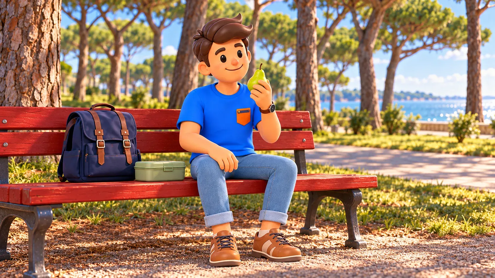 Illustration of a traveler holding a pear on a red bench among pine trees