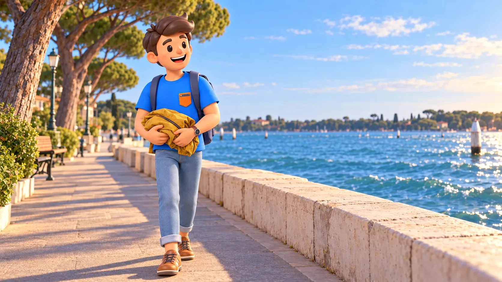 Illustration of a traveler holding a folded windbreaker on a lagoon-side walk