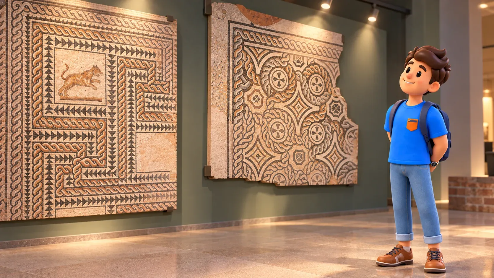 Illustration eines Reisenden vor ausgestellten Fragmenten römischer Fußbodenmosaiken im Archäologischen Museum Mailand.