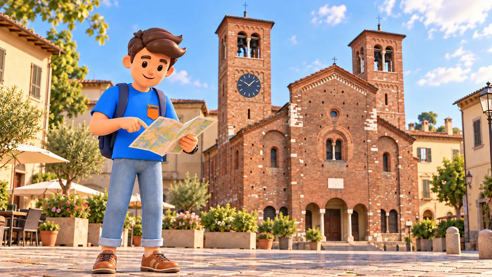 Illustration eines Reisenden mit Papierplan vor der Backsteinfassade von San Sepolcro im Bereich des antiken Forums.