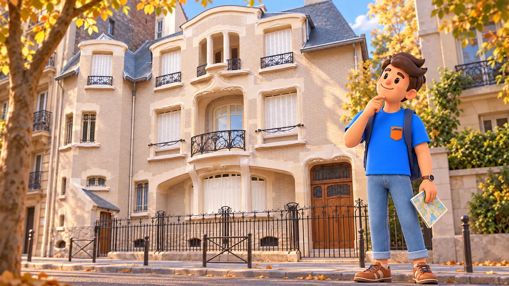 A traveler holding a map looks at the Hôtel Mezzara façade from the street