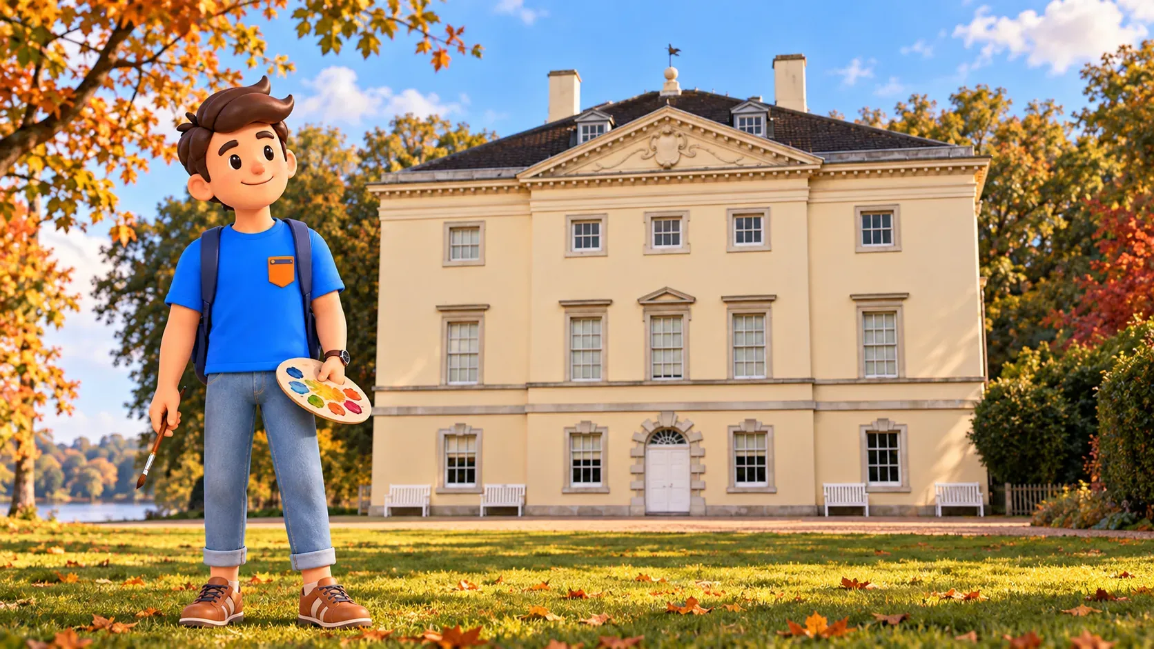 Illustration of a traveller with a palette and brush outside Marble Hill