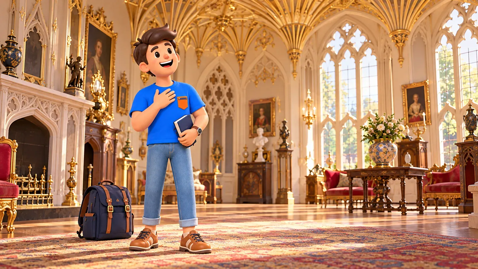 Illustration of a traveller in an imaginary Gothic Revival room