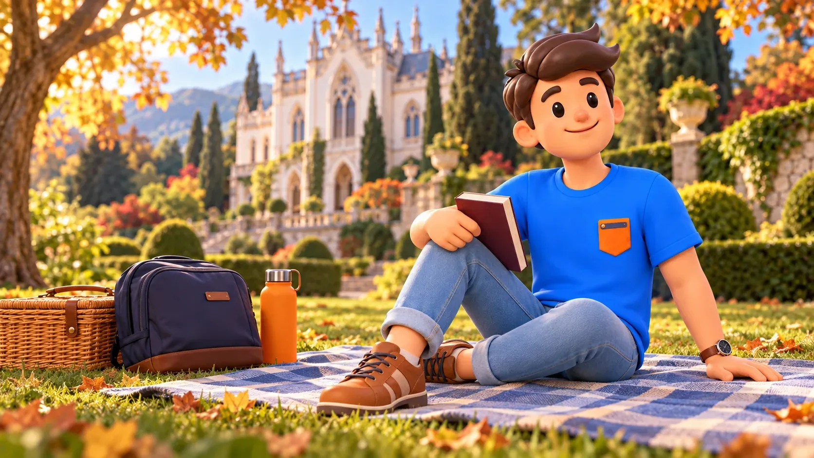 Illustration of a traveller with a book on a blanket in an imaginary Gothic villa garden