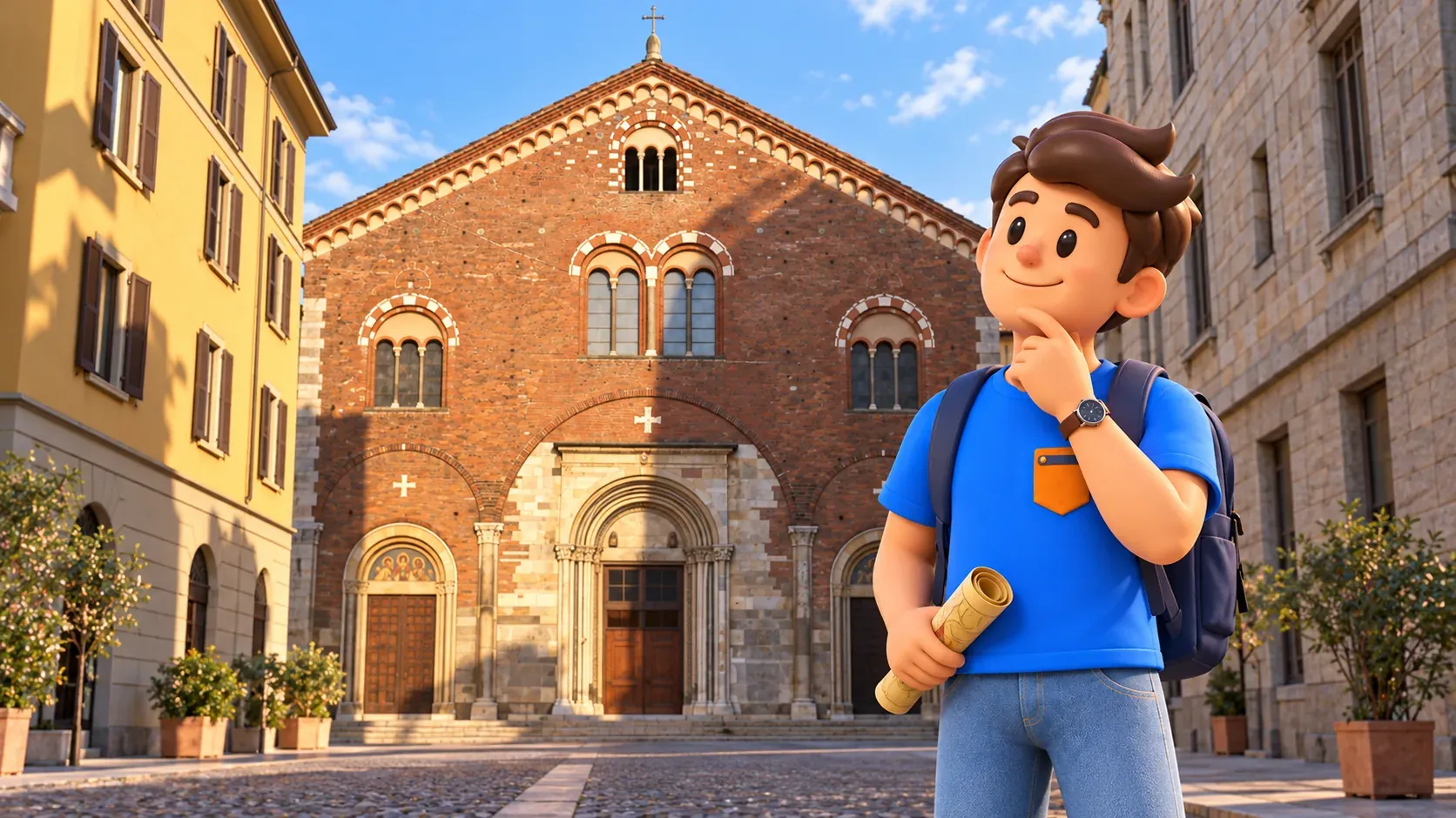 Illustration of a traveller with a rolled paper plan outside San Simpliciano’s brick façade in Milan.