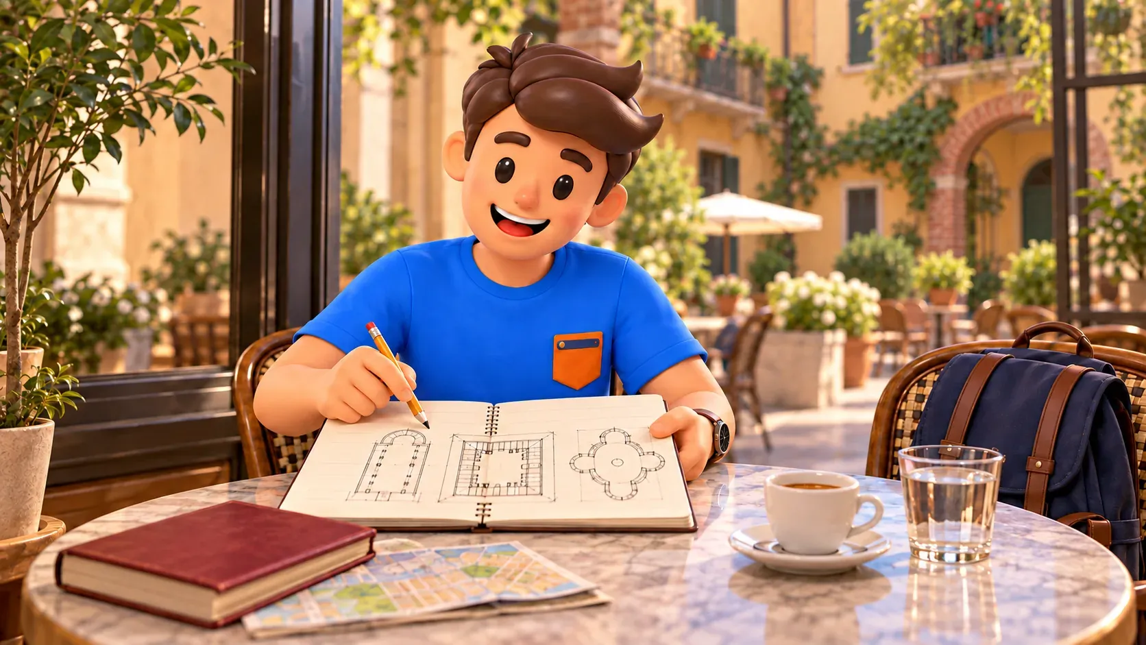 Illustration of a traveller in a café comparing simplified church-space sketches in a personal notebook, not official floor plans.