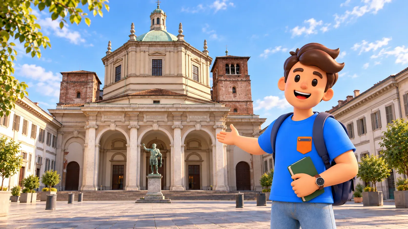 Illustration of a traveller with a green notebook outside San Lorenzo Maggiore’s façade, dome and brick towers in Milan.