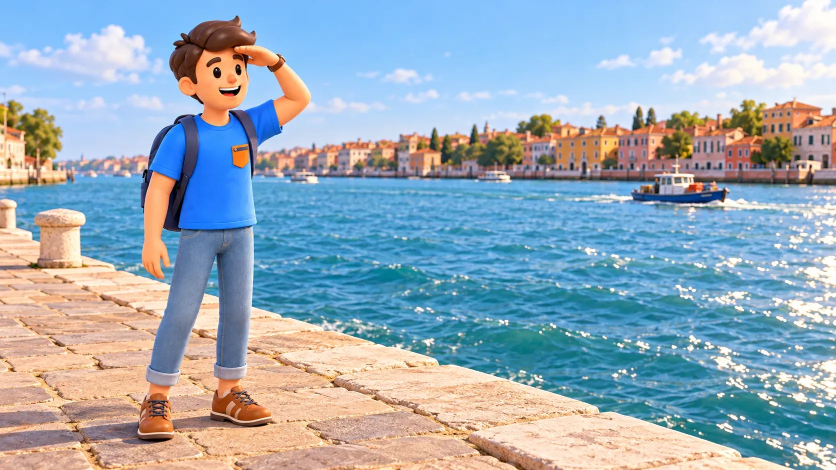 Illustration d’un voyageur regardant au-delà d’un large canal depuis le quai