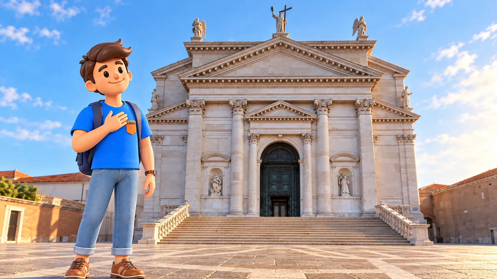 Illustration d’un voyageur devant la façade de l’église du Redentore
