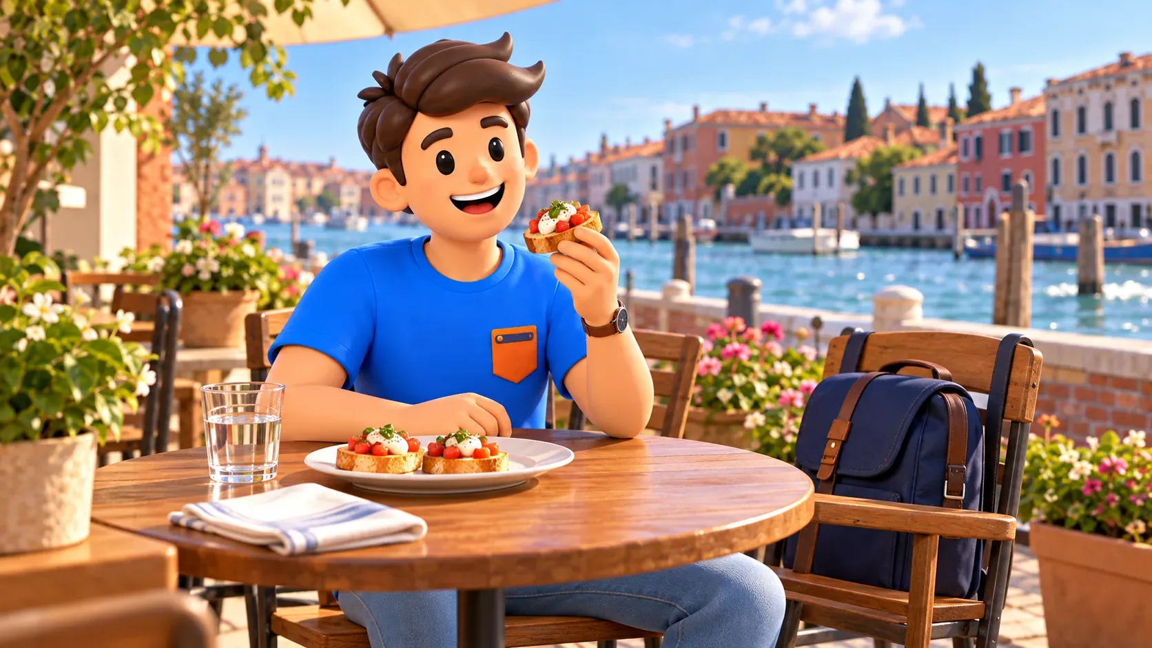Illustration d’un voyageur tenant une petite tartine à une table au bord de l’eau