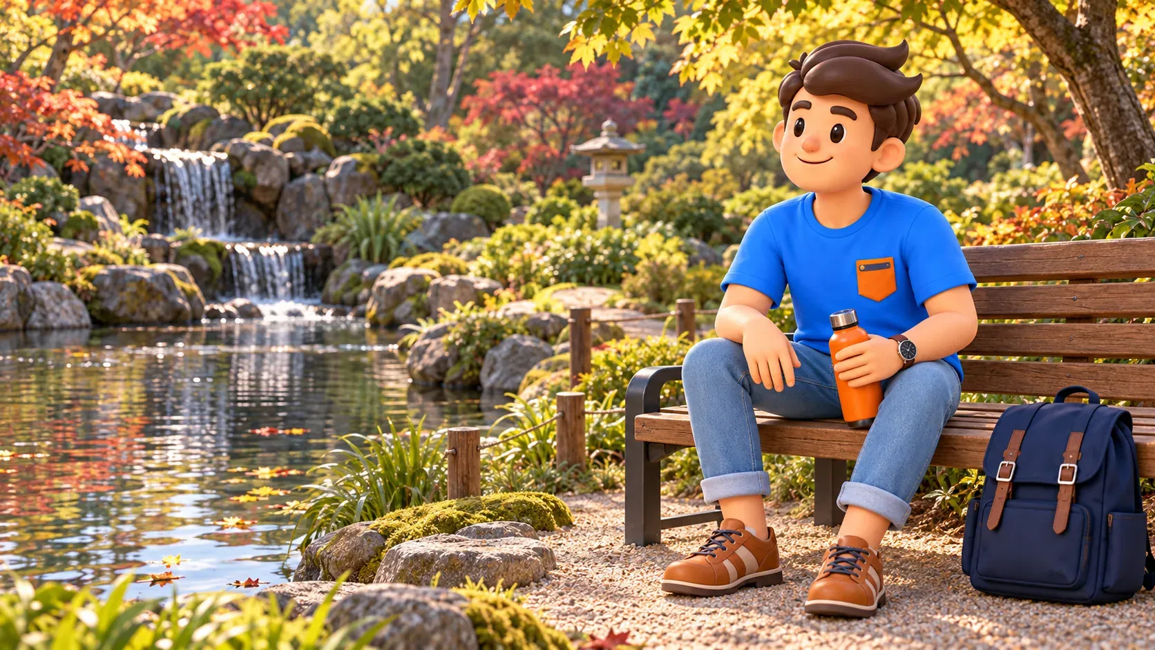 Ilustración de un viajero descansando en un jardín imaginario de estilo japonés