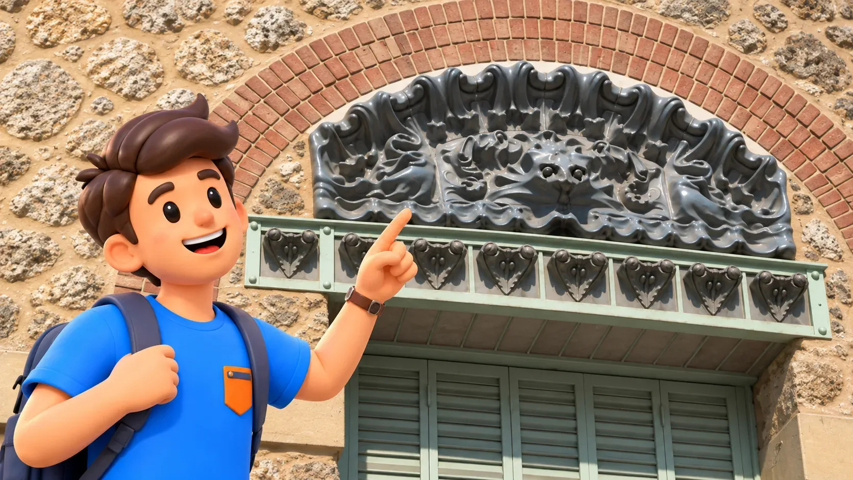 A traveler observes the organic metal detail at Castel Béranger beneath a brick arch
