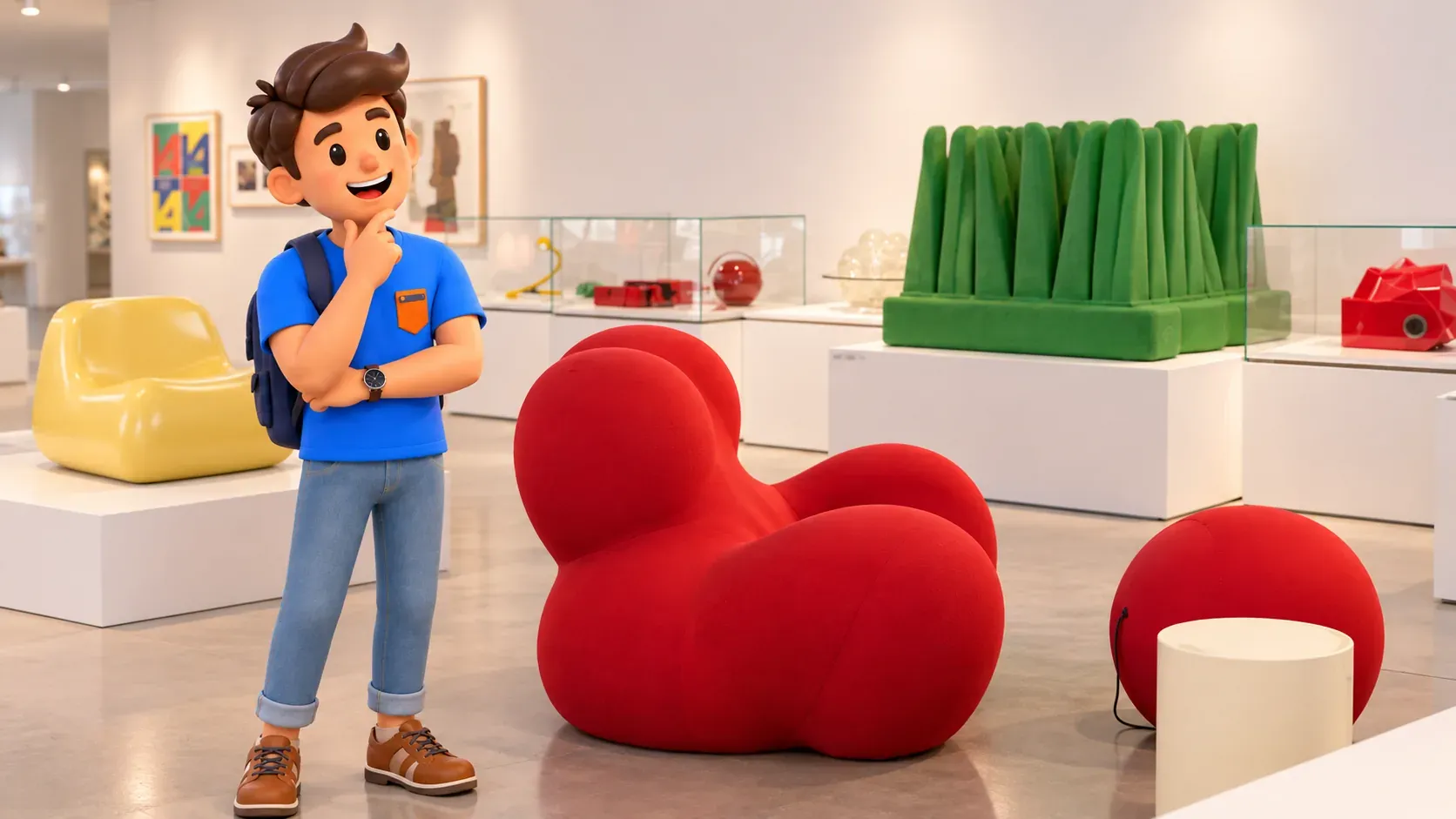 Illustration eines Besuchers vor einem Ausschnitt des italienischen Designmuseums der Triennale mit runden roten Sitzen und grünem Grasobjekt.