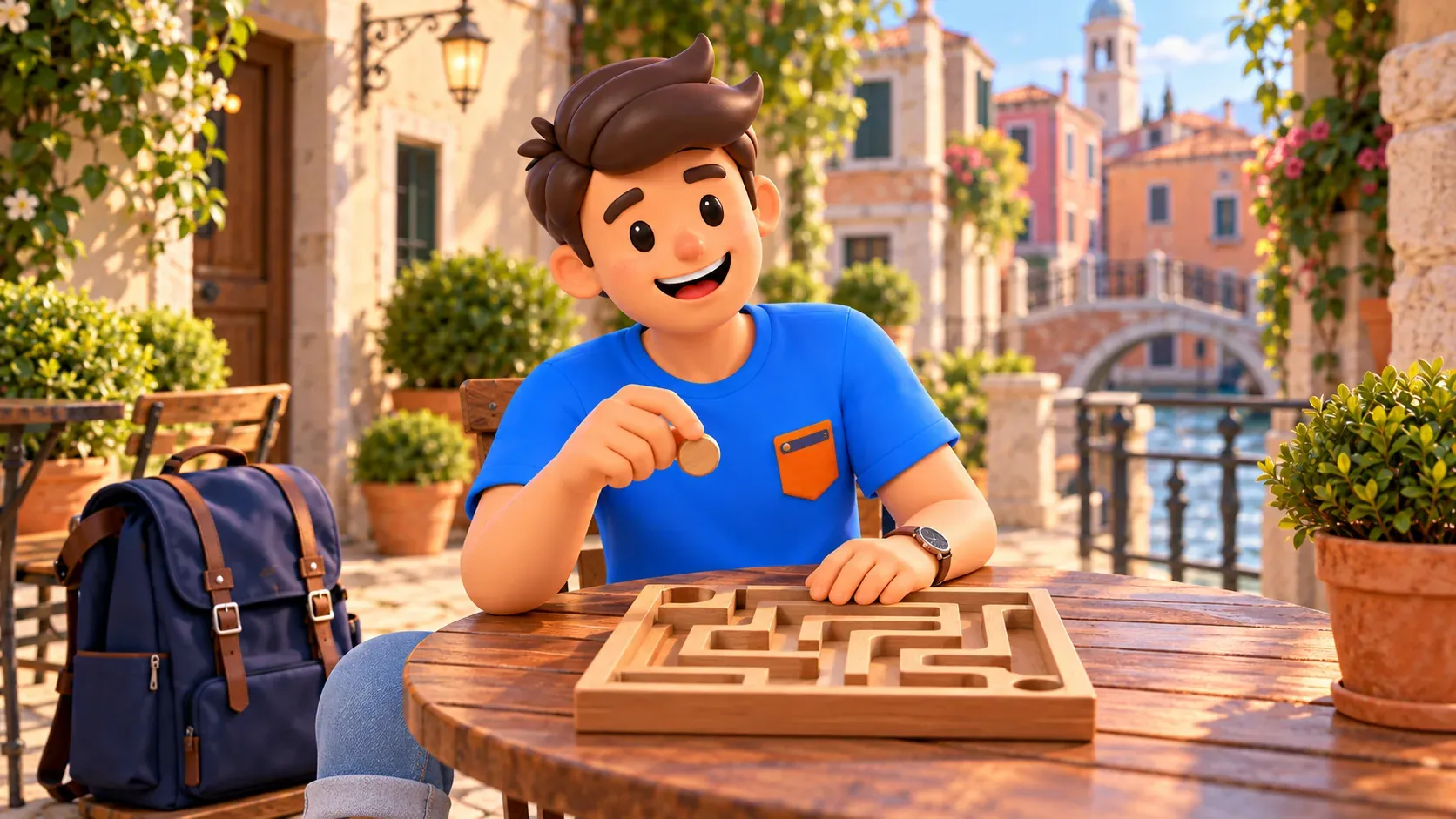 Illustration d’un voyageur avec un petit jeu de labyrinthe en bois sur une table