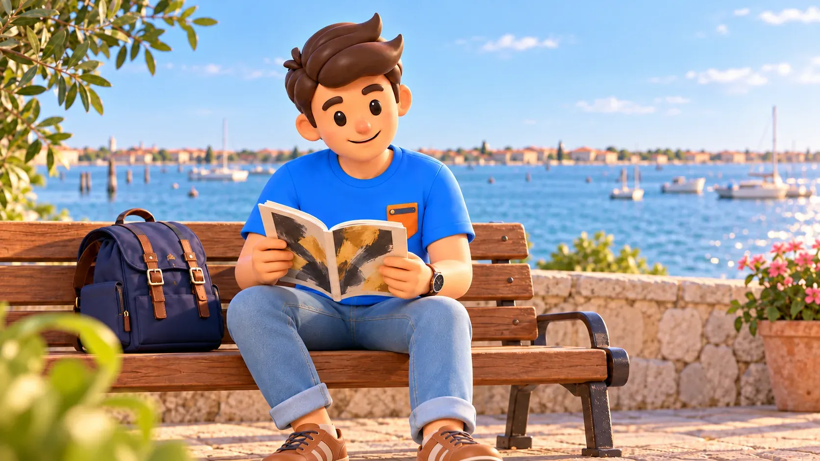 Illustration d’un voyageur lisant un livre d’art sur un banc au bord de la lagune