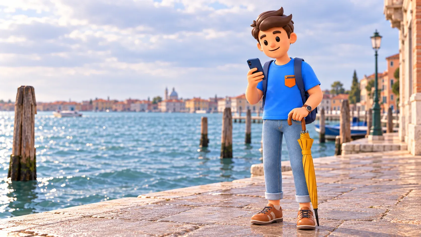 Illustration d’un voyageur avec un téléphone et un parapluie fermé sur le quai
