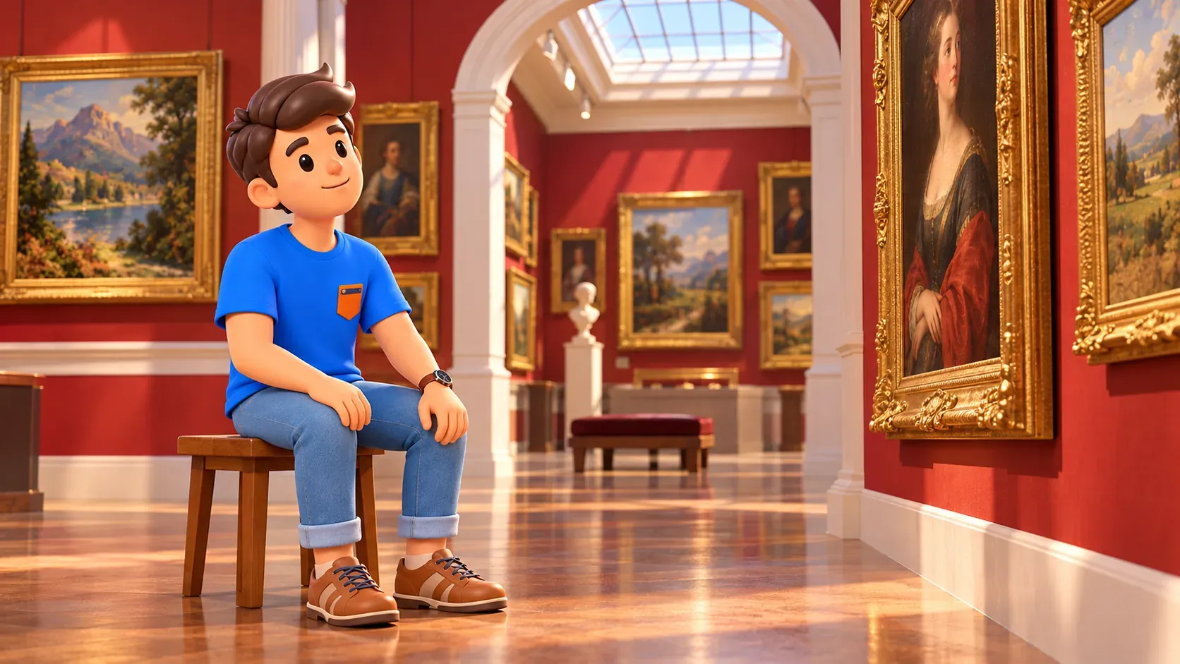 Illustration of a traveller on a stool in an imaginary picture gallery