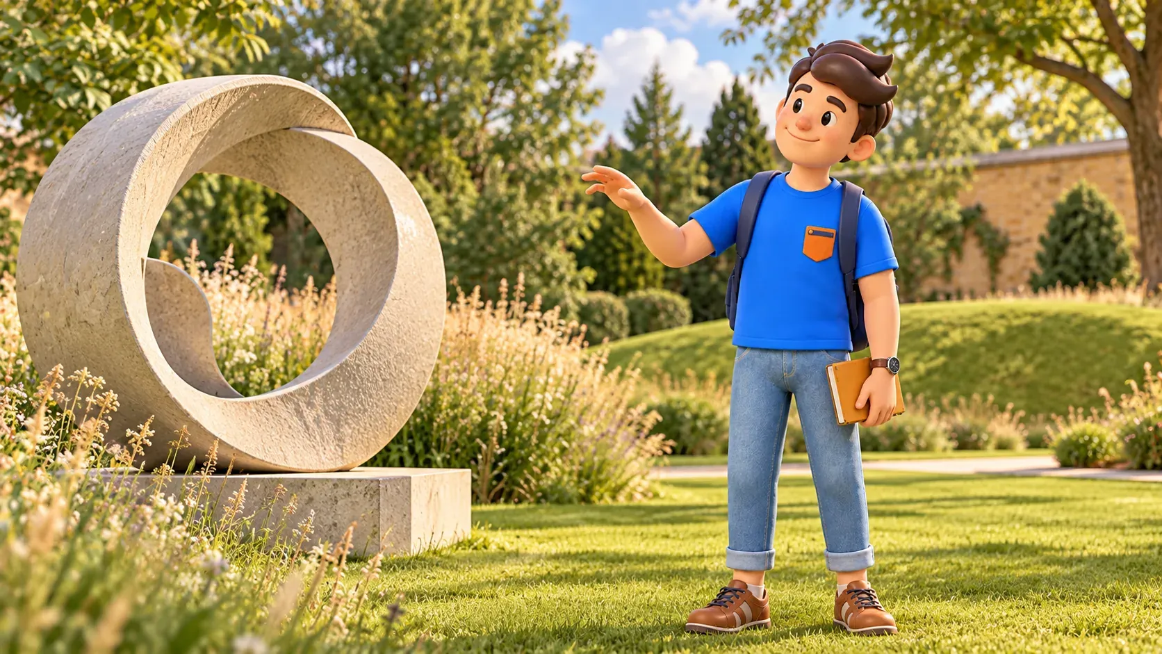 Illustration of a traveller with a book near an invented abstract garden sculpture