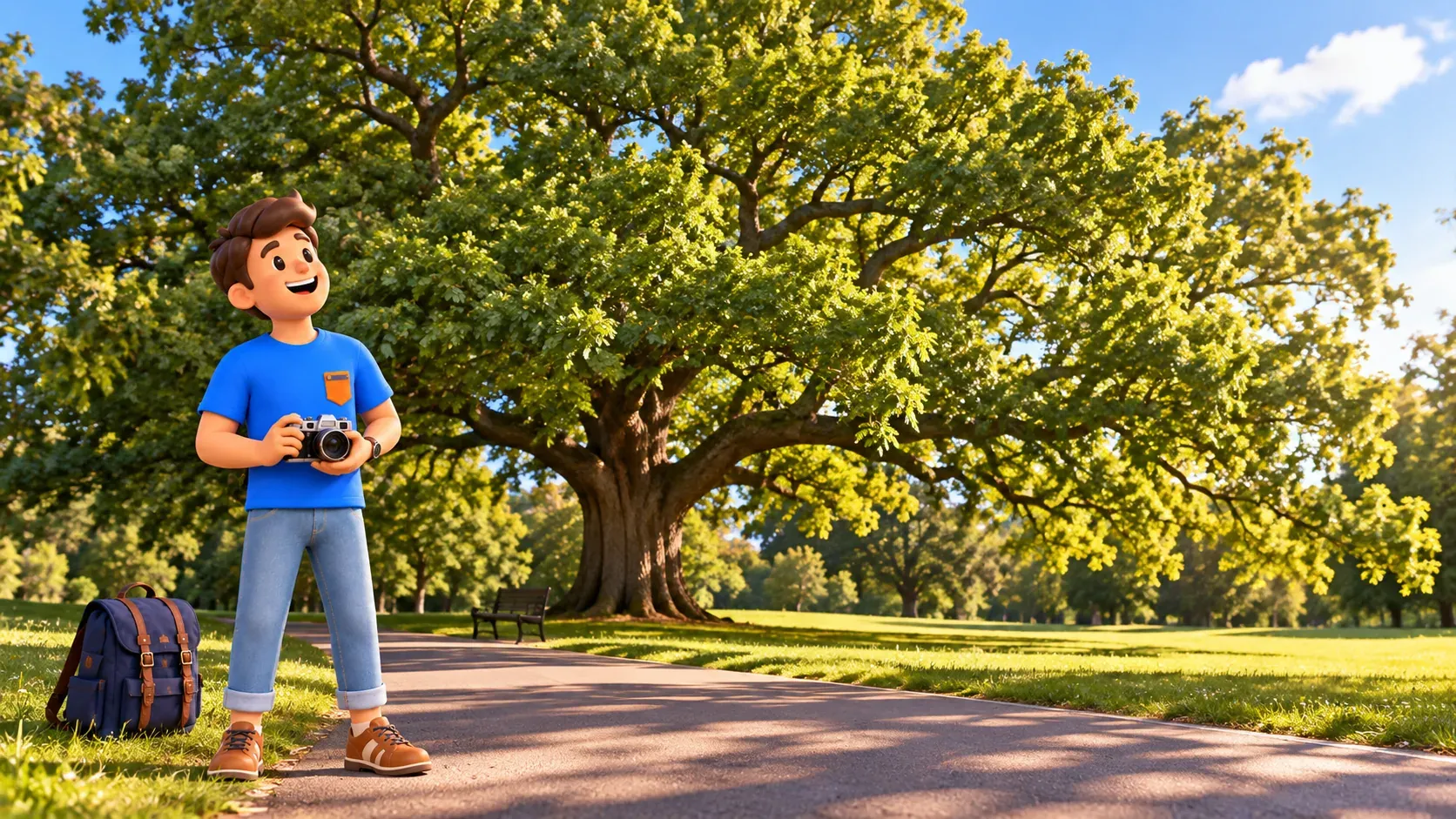 Illustration of a traveller with a camera near a large oak in a park