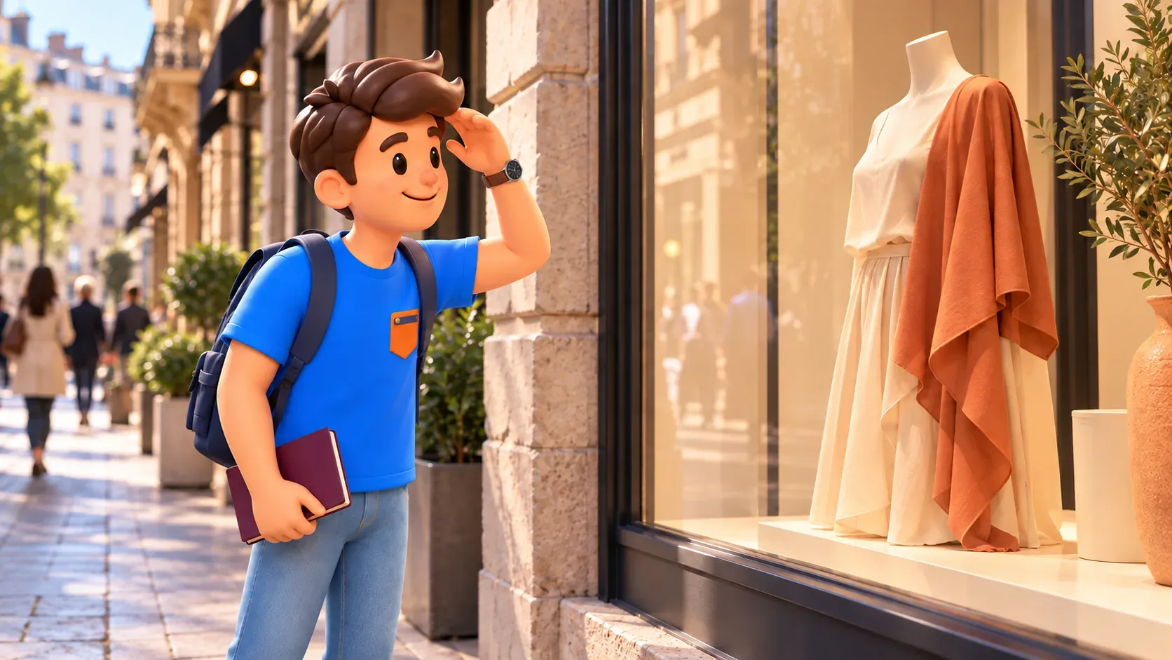 Illustration d’un voyageur observant une tenue crème et une étoffe terracotta derrière une vitrine, la main gauche protégeant ses yeux des reflets.