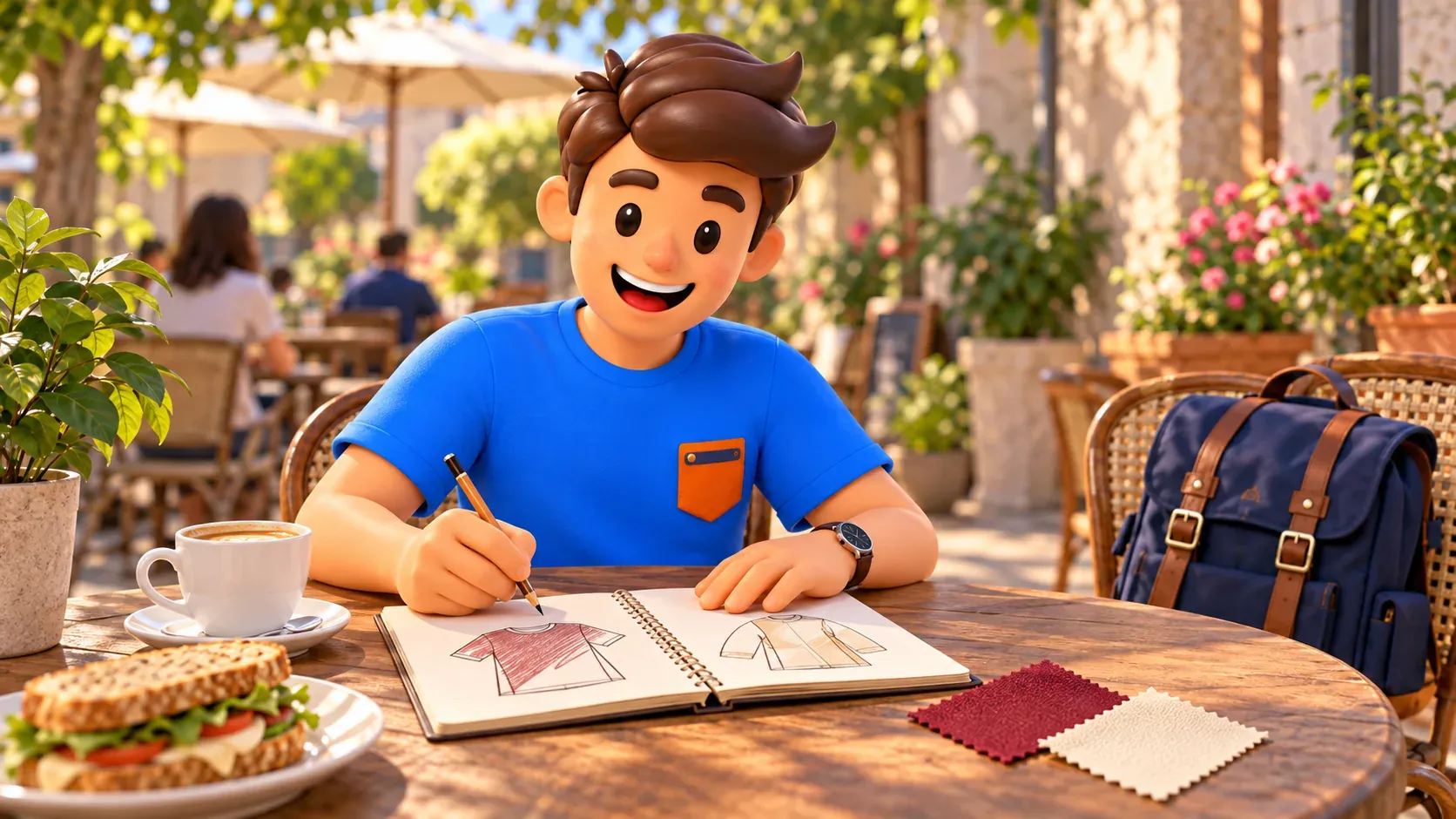 Illustration d’un voyageur dessinant des vêtements dans son carnet au café, avec échantillons de tissu, café, sandwich et sac sur une chaise voisine.
