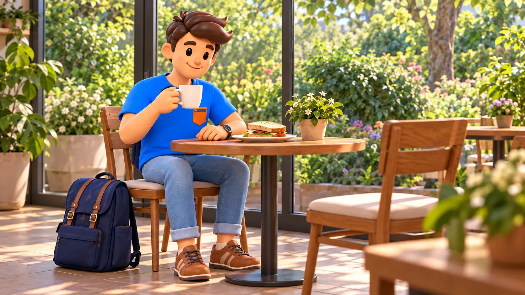 Illustration eines Reisenden mit Tee und Sandwich in einem erdachten Gartencafé