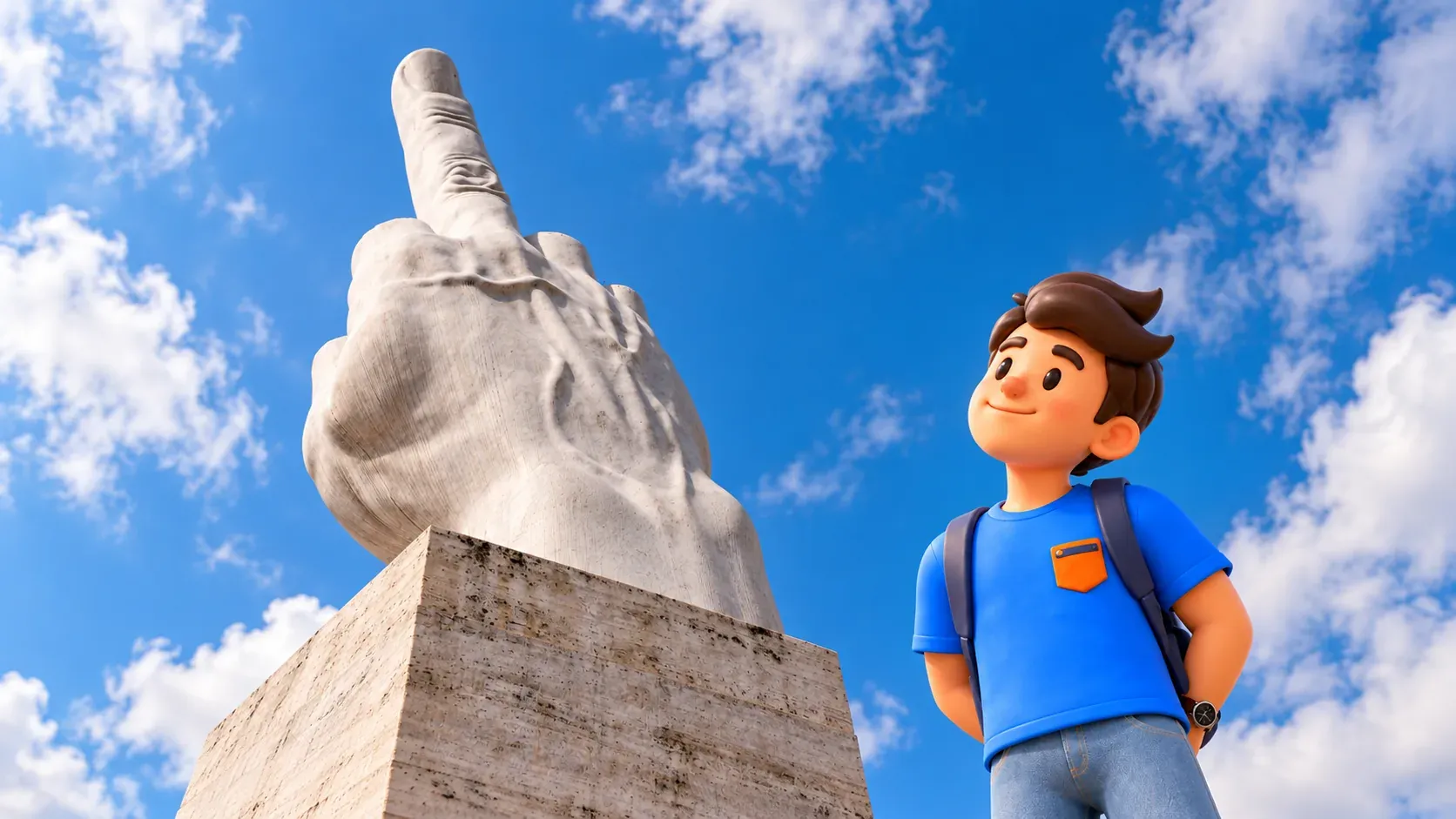 Illustration d’un visiteur regardant la main de marbre de L.O.V.E. sur son socle, les mains derrière le dos.