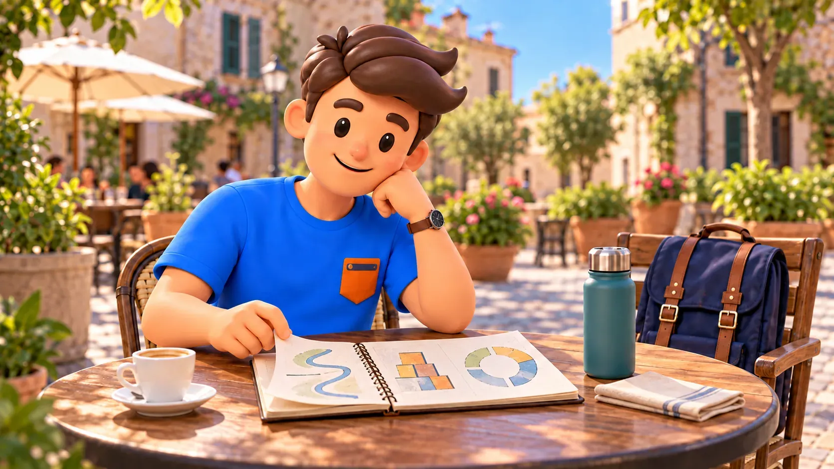 Illustration d’un voyageur observant ses croquis abstraits au café, avec une tasse, une bouteille d’eau et son sac sur une chaise voisine.