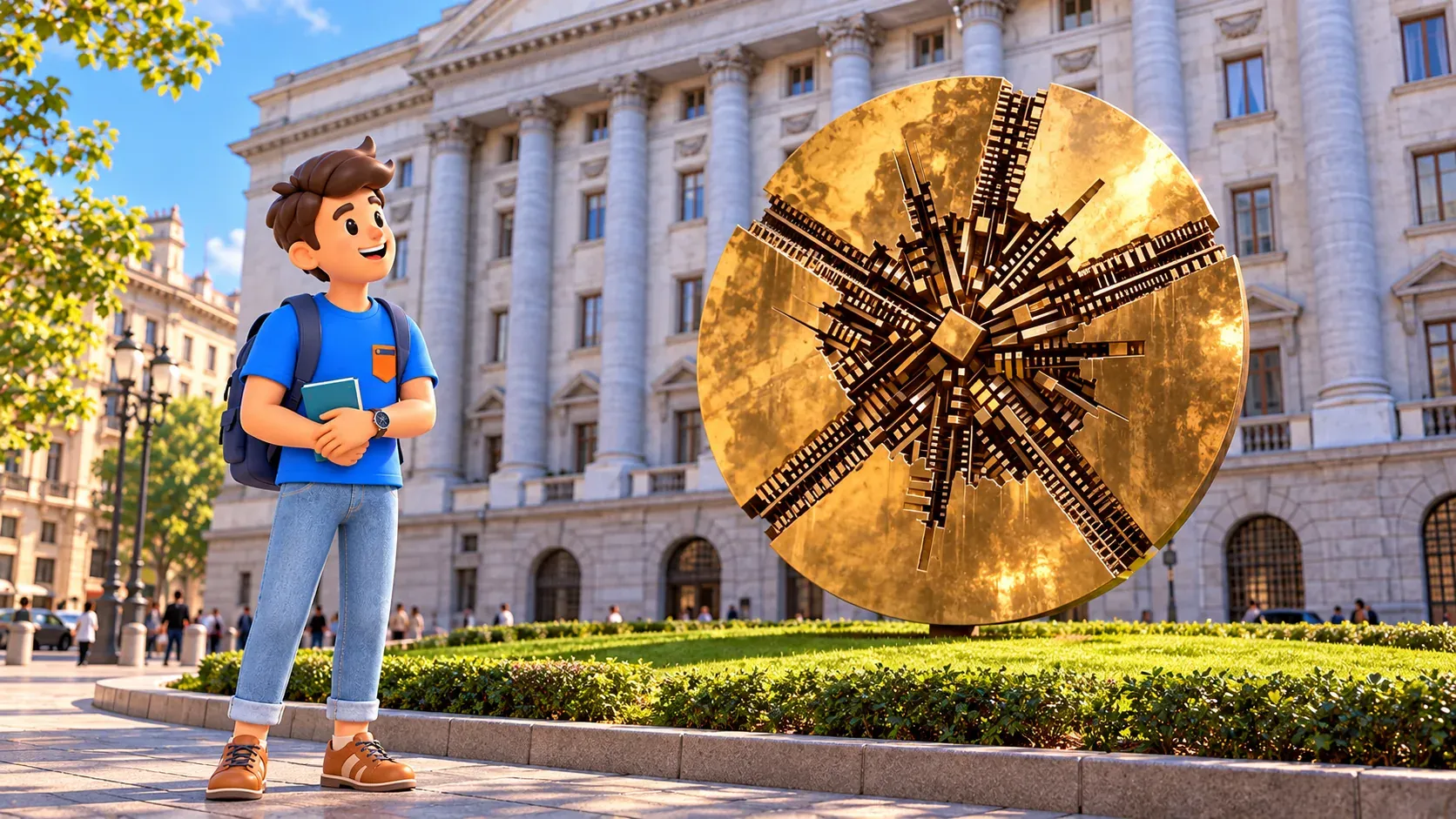 Illustration d’un voyageur sur le bord pavé de la Piazza Meda près du disque de bronze de Pomodoro, devant une pelouse et une façade à colonnes.