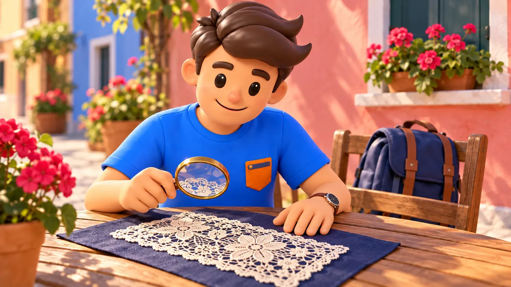 Ilustración de un viajero observando una muestra de encaje con una lupa