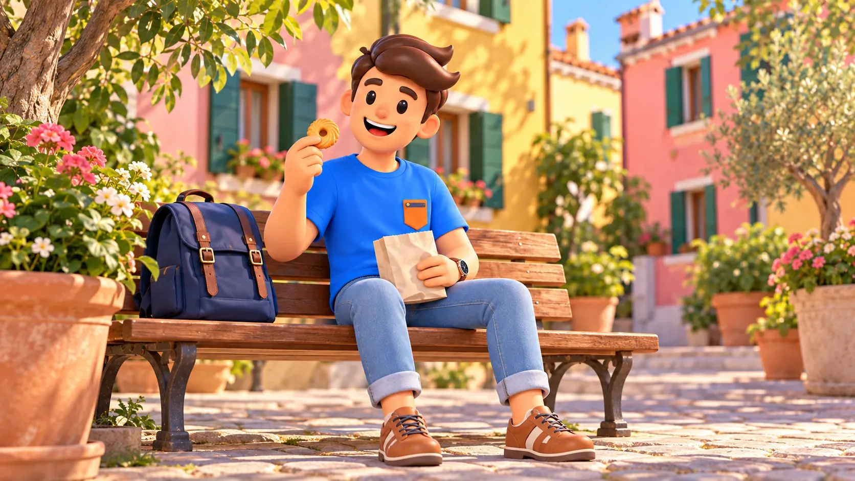 Ilustración de un viajero con una galleta en forma de anillo y una bolsa en un banco