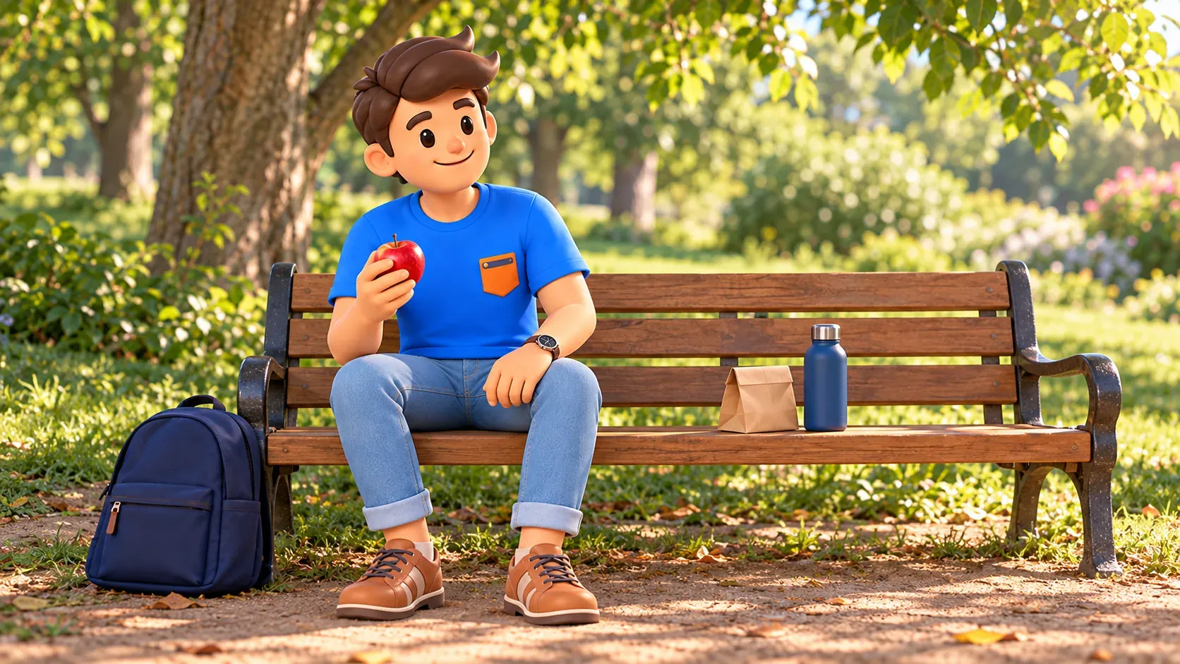 Illustration eines Reisenden mit Apfel auf einer Parkbank