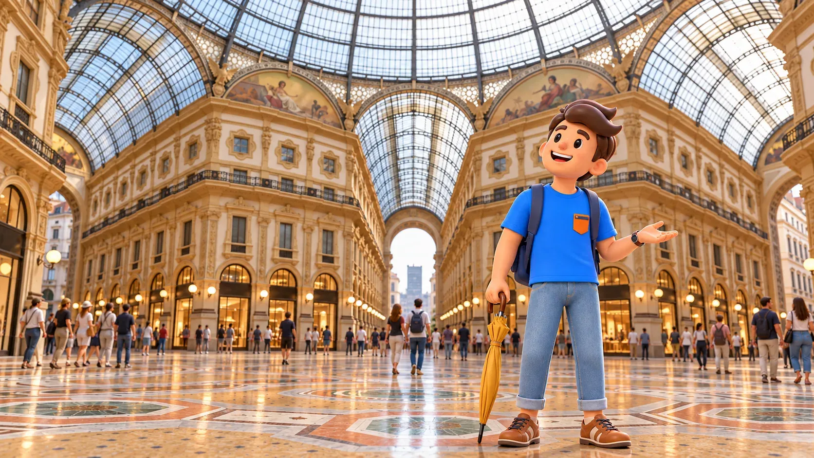 Illustration of a traveller holding a folded umbrella beneath the glass dome of Milan’s Galleria Vittorio Emanuele II.