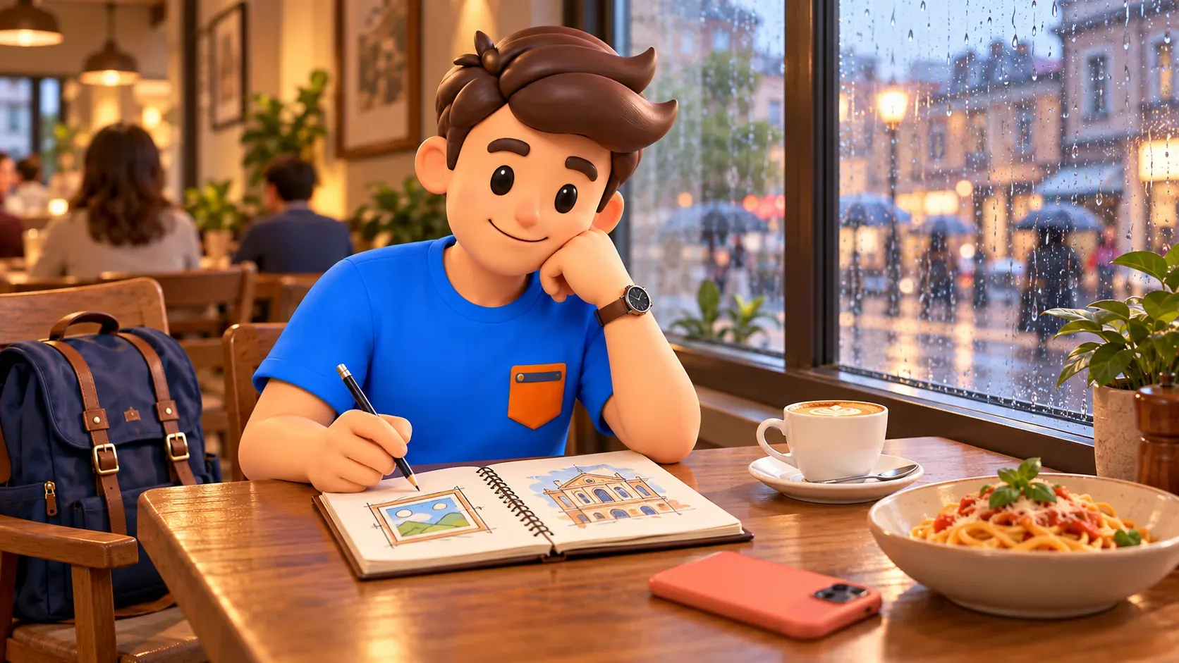 Illustration of a traveller sketching at a café table with coffee, pasta and a face-down phone while rain falls outside the window.