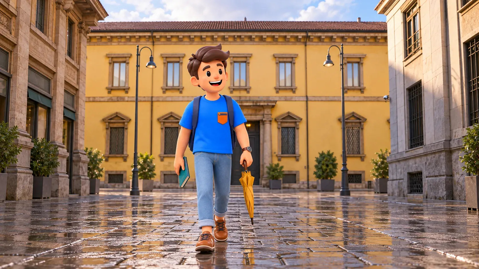 Illustration of a traveller with a folded umbrella and teal guidebook in front of the ochre Ambrosiana façade after rain.