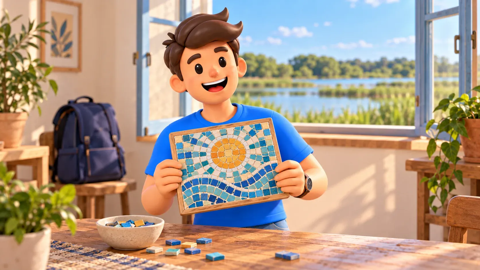 Symbolische Illustration eines Reisenden mit einem kleinen modernen geometrischen Mosaik