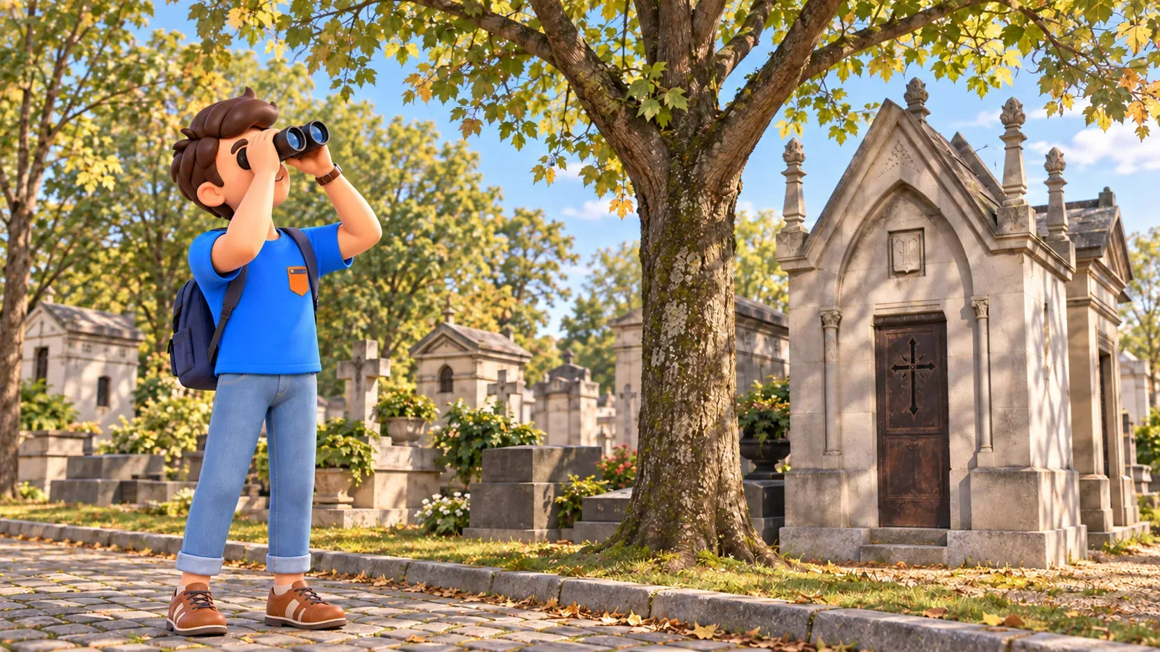 Un voyageur observe les arbres avec des jumelles dans une allée du Père-Lachaise