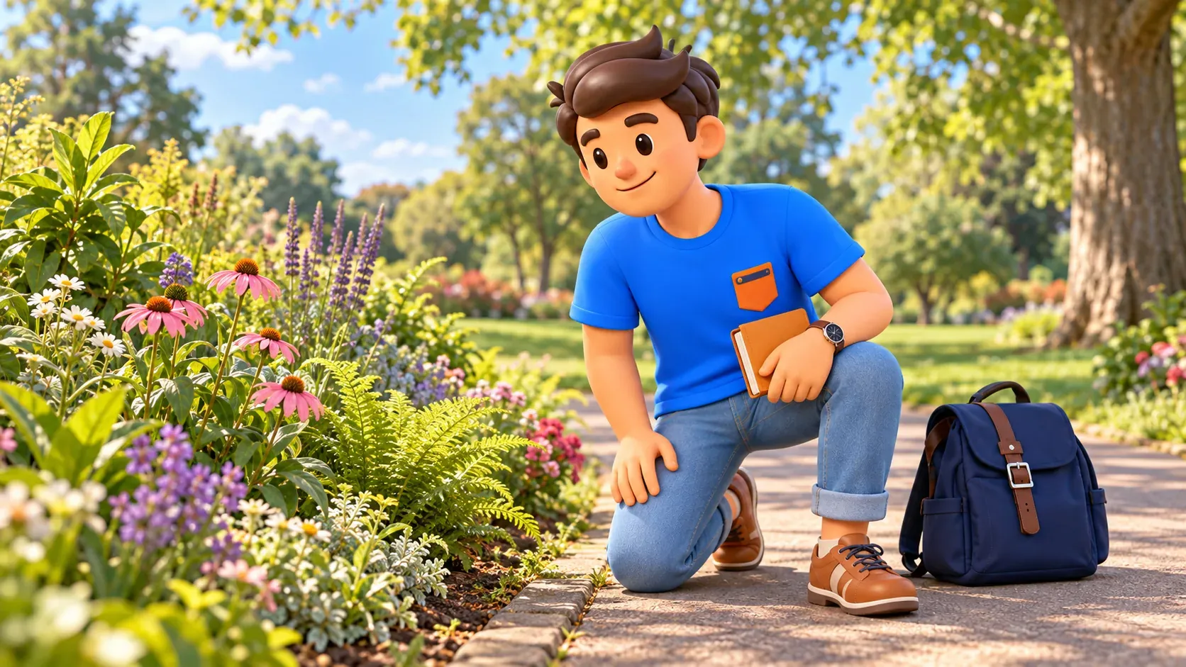 Ilustración de un viajero con cuaderno observando flores desde un camino de jardín