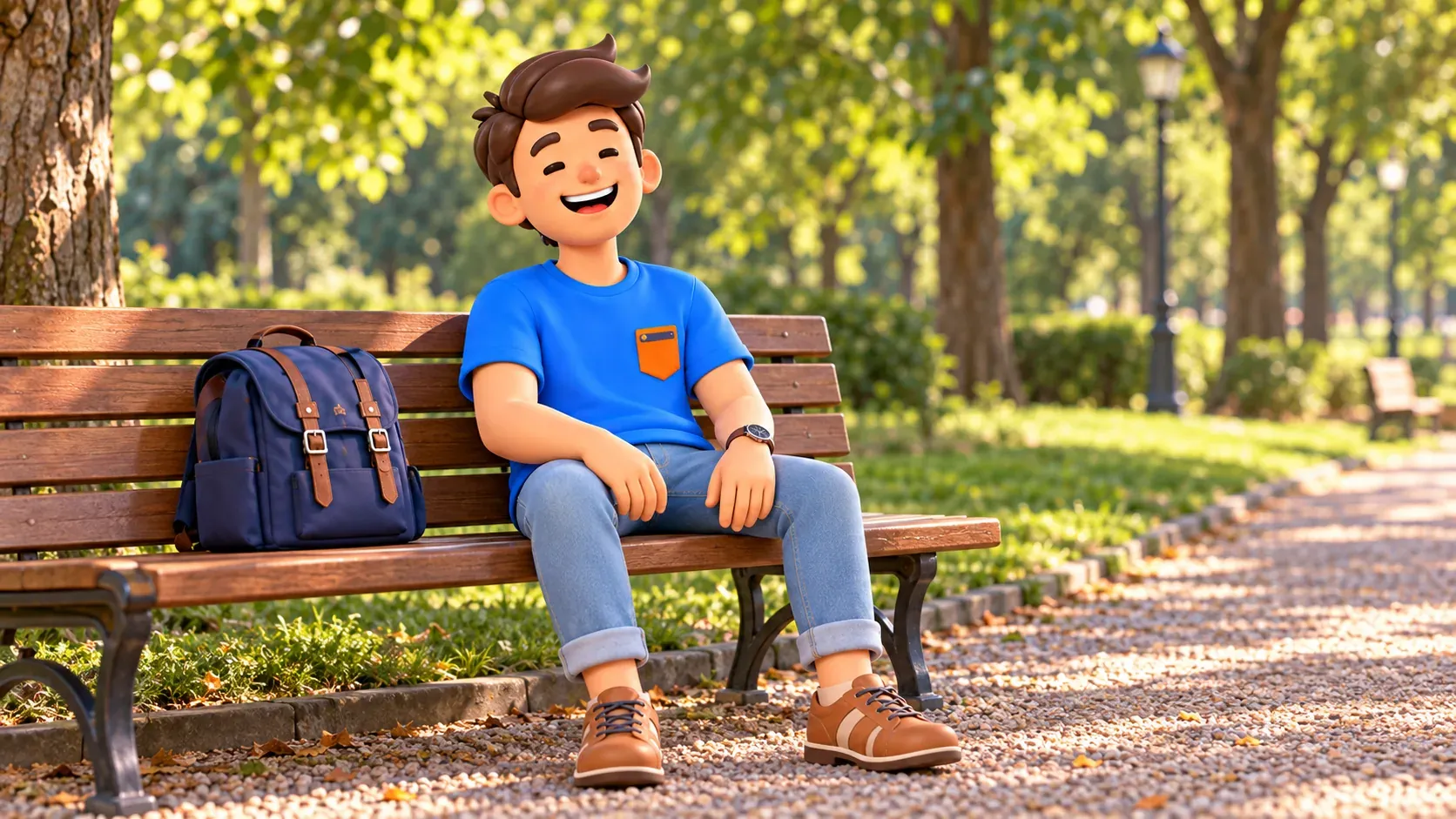 Illustration of a traveller relaxing on a park bench among trees, with his single backpack resting beside him.