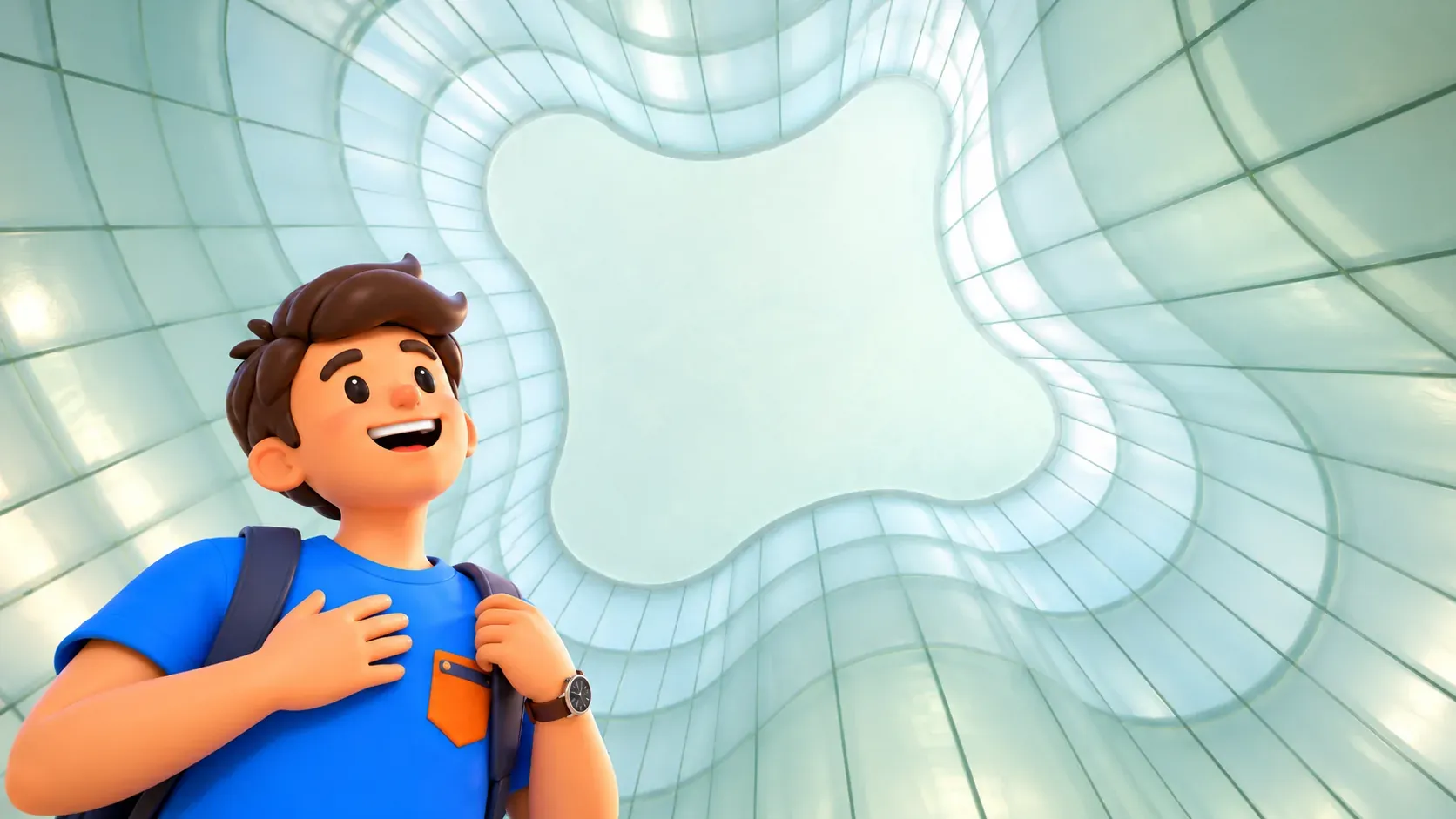 Illustration of a traveller looking up at the curved translucent glass architecture of MUDEC’s Agorà, without temporary hanging artworks.