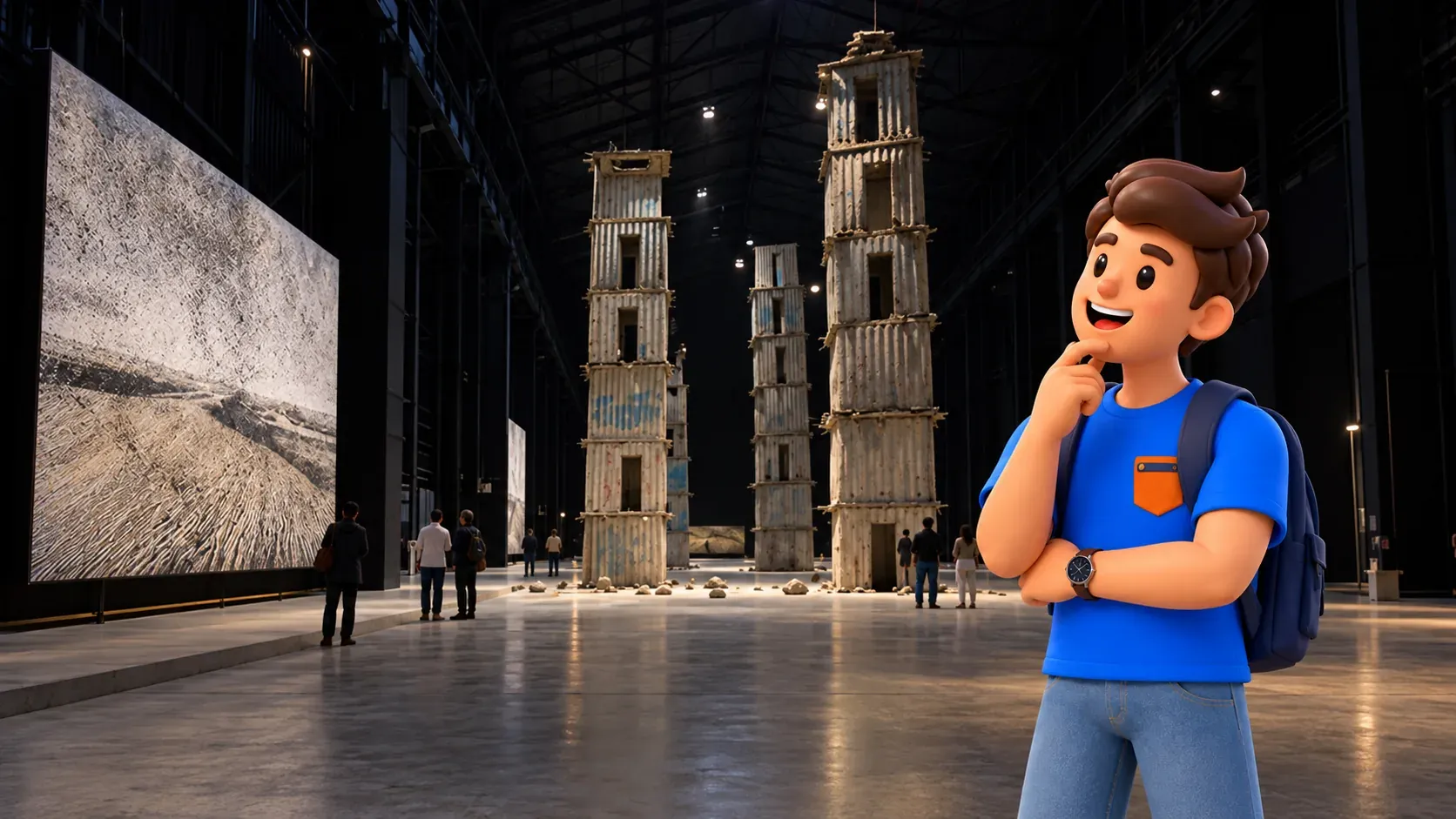 Illustration of a visitor in HangarBicocca’s dark industrial hall, with a large pale canvas on the left and Kiefer’s concrete towers beyond.