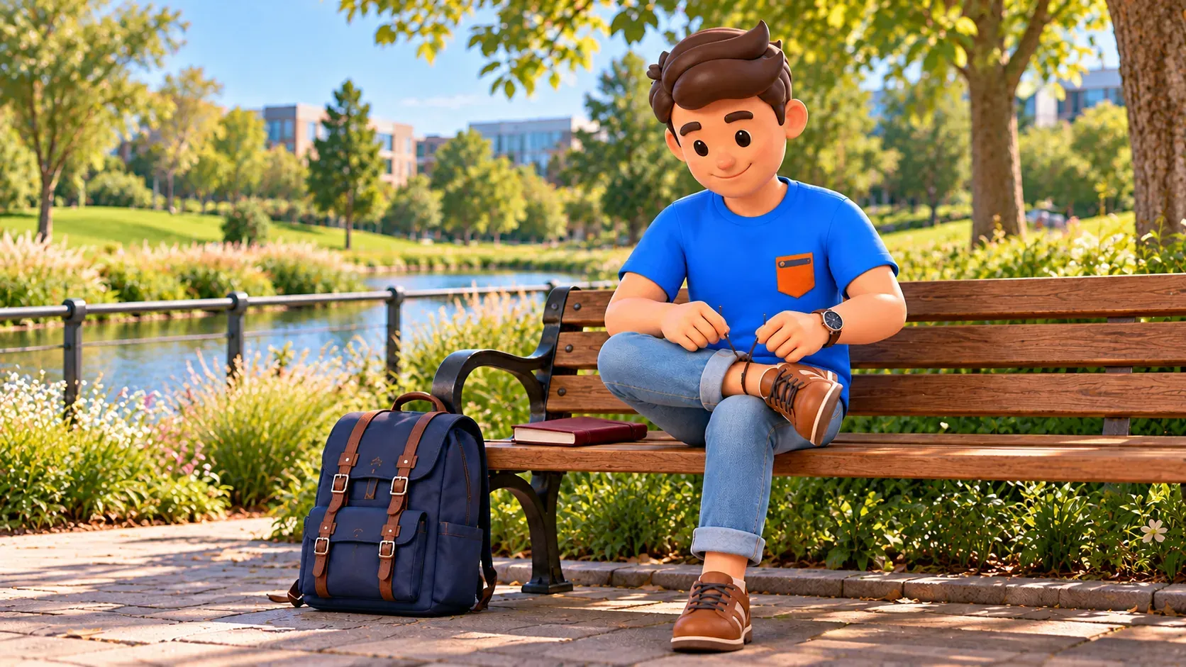 Ilustración de un viajero atándose un zapato en un banco de un parque moderno imaginario