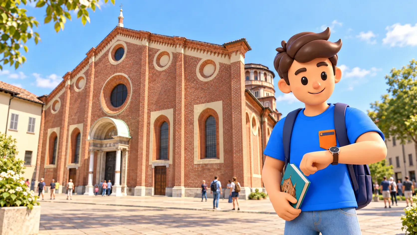 Illustration of a traveller checking his watch outside Santa Maria delle Grazie, with its brick façade and a small guidebook in his other hand.