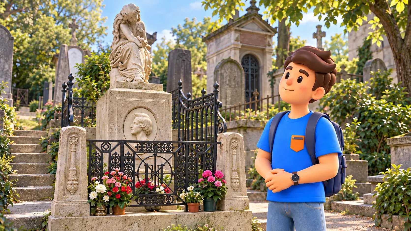 Un voyageur regarde la sculpture de la tombe de Chopin depuis l’extérieur de la grille