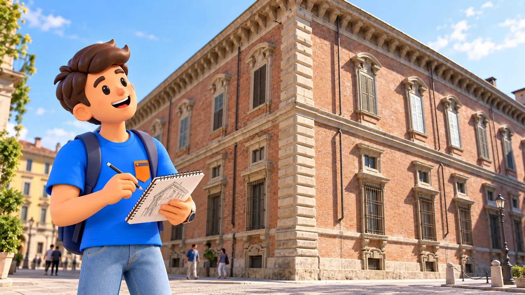 Illustration of a traveller with sketchpad and pencil beside Palazzo Brera’s brick corner and stone-framed windows.