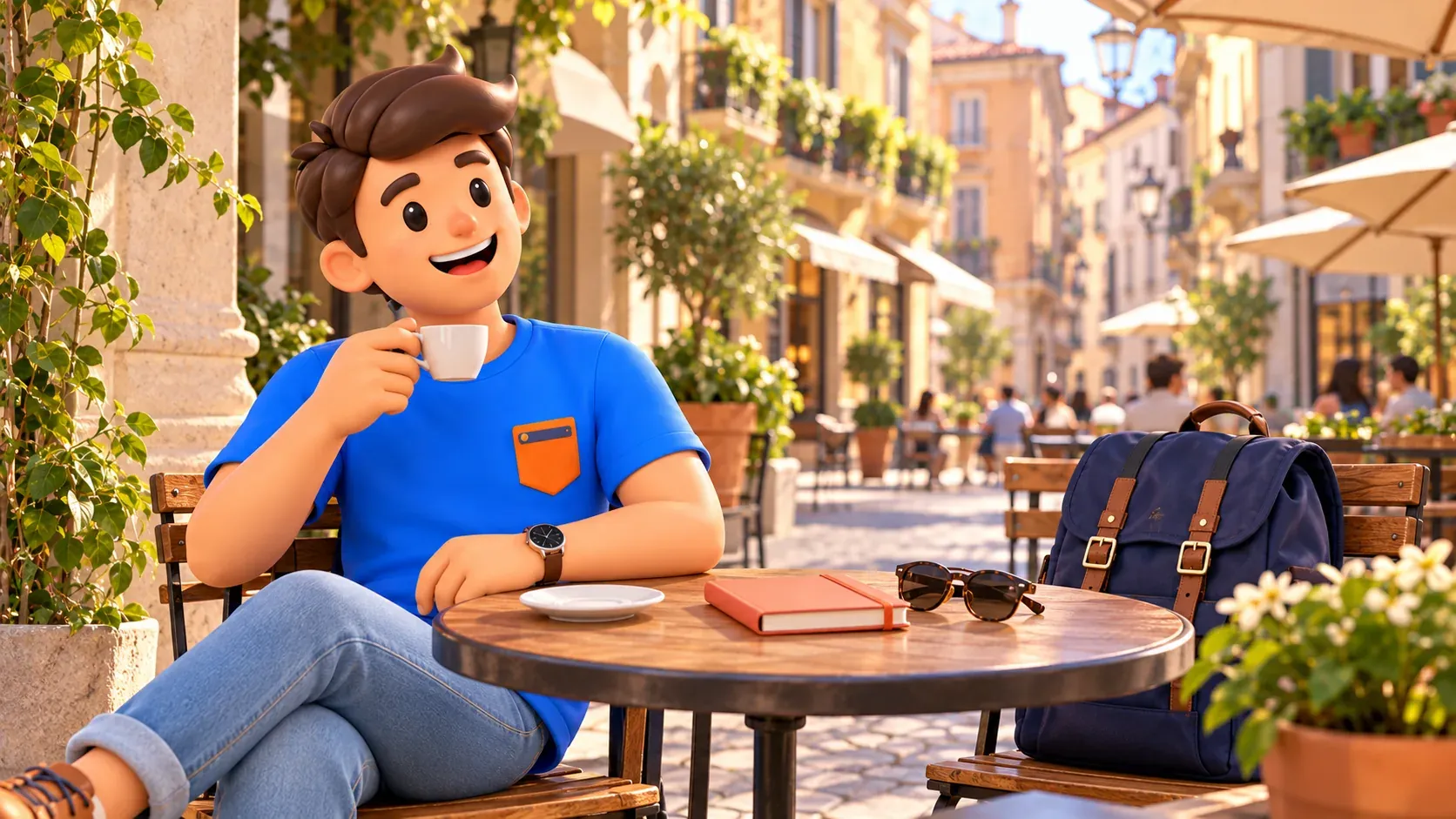 Illustration of a relaxed pause at an unnamed Milan café, with the traveller holding an espresso and his backpack on the next chair.