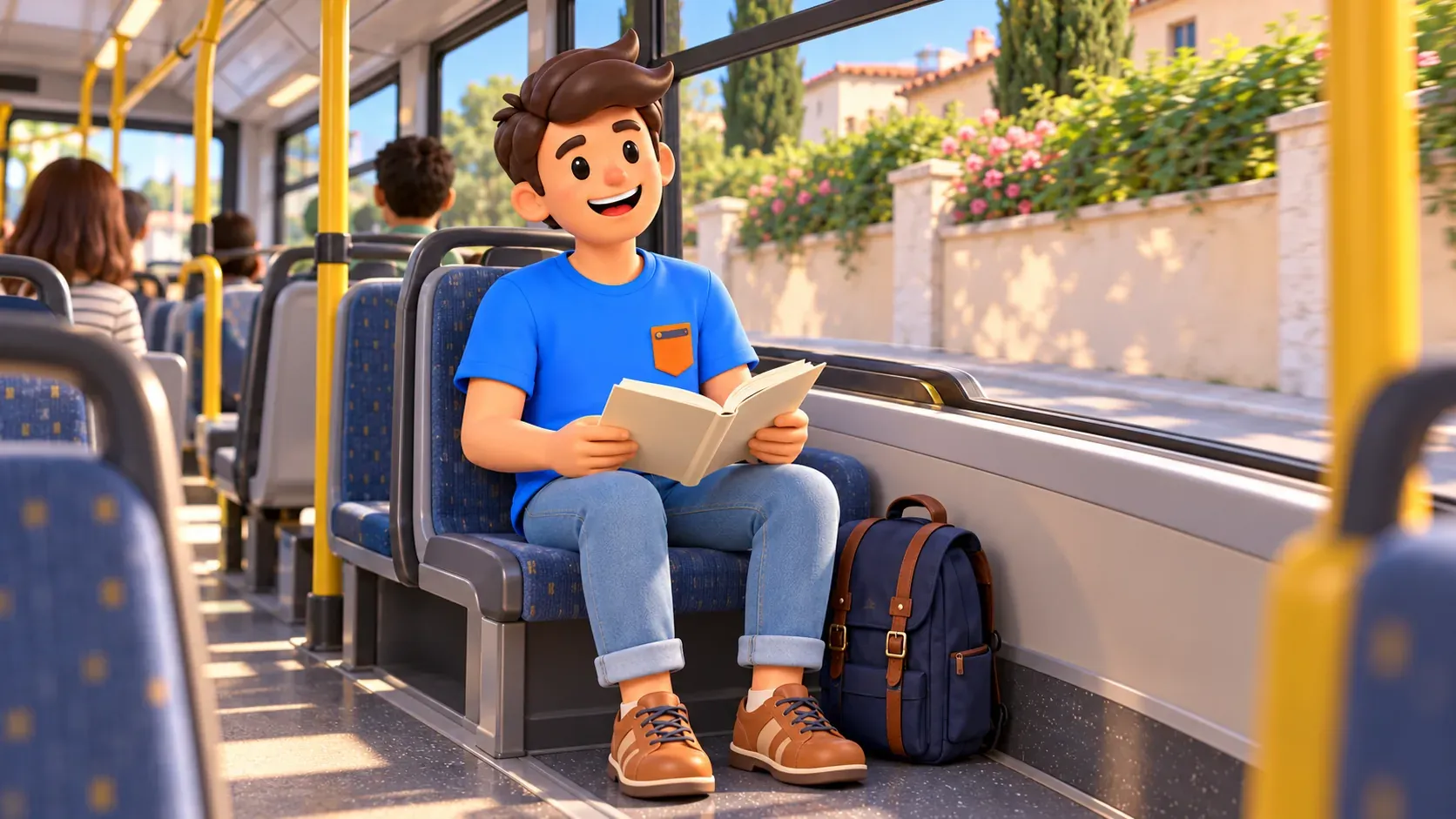 Symbolische Illustration eines Reisenden mit Buch in einem Bus auf dem Lido